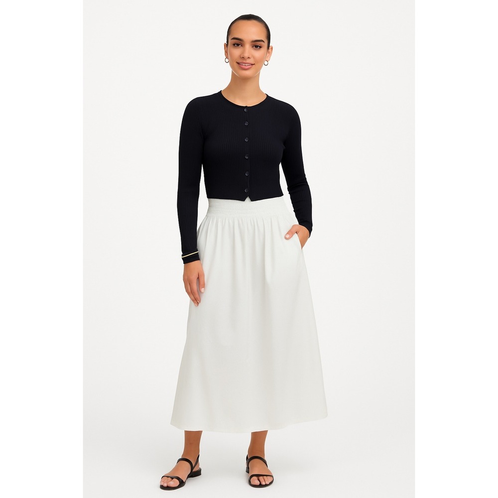 Madewell  Skirt Womens M Smocked Waist Poplin White Midi Pockets Cotton NU637